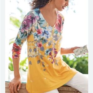 Soft Surroundings Yellow Floral Knit Long Sleeve V Neck Tunic Top Medium